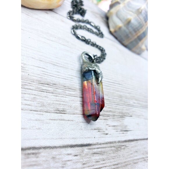Red aura quartz crystal necklace handmade gothic fantasy metalwork jewelry - Picture 2 of 11